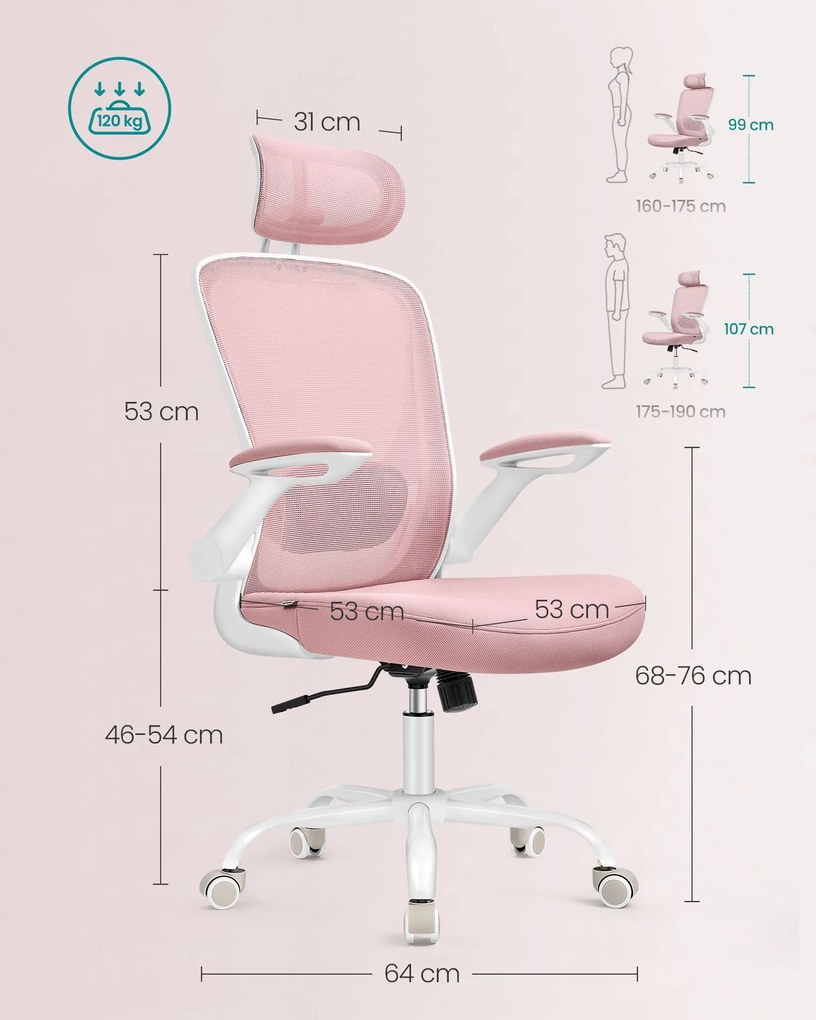 Cadeira de escritório ergonómica com função de baloiço rosa pastel