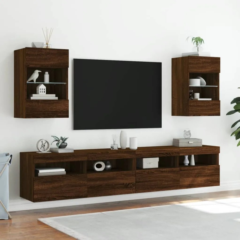Móveis de parede para TV com luzes LED 2 pcs carvalho castanho