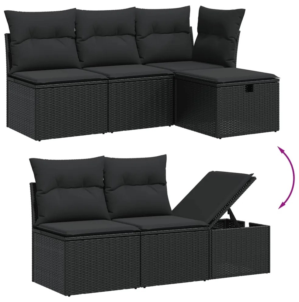 6 pcs conjunto sofás de jardim c/ almofadões vime PE preto