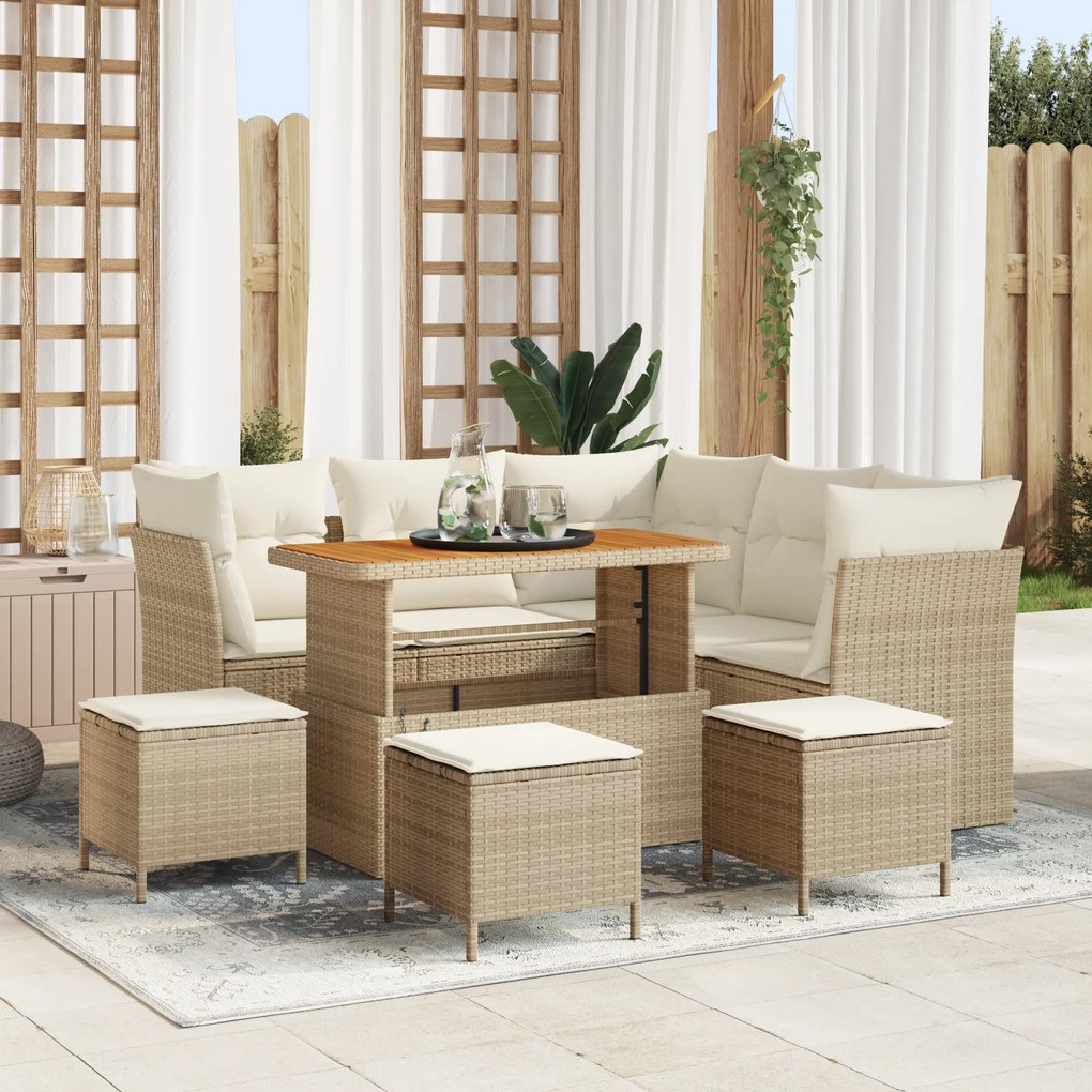 Conjunto de Sofá de Jardim com Almofadas 9 Peças Bege Rattan Polipropileno Acácia