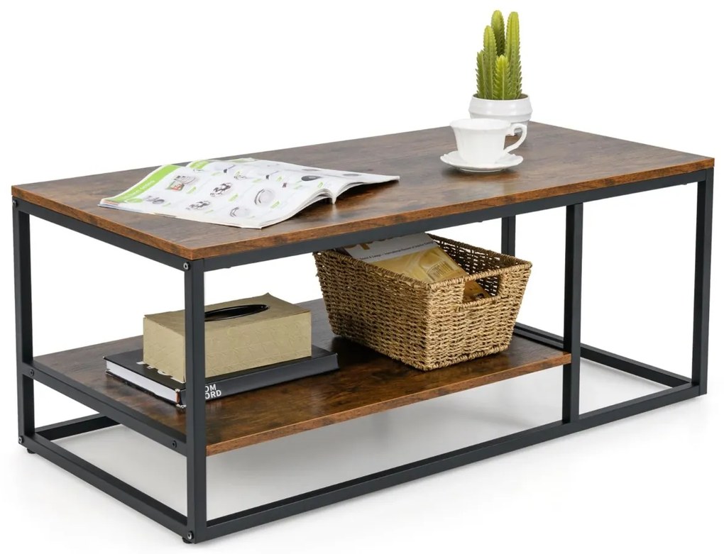 Mesa retangular 105 x 50 x 42,5 cm industrial de 2 níveis com prateleira de armazenamento e estrutura metálica Castanho