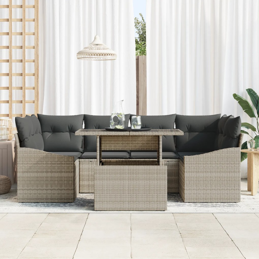 Conjunto de Sofá de Jardim de 7 Peças com Almofadas Cinza Claro em Rat