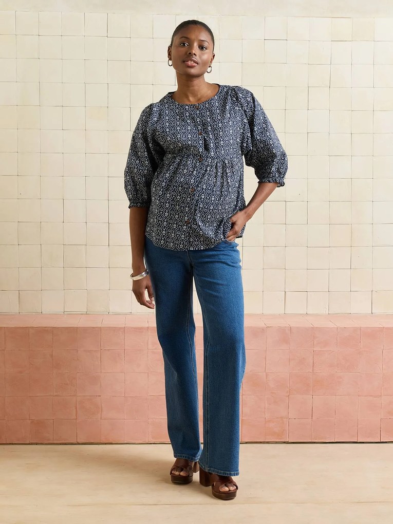 Blusa de amamentação com mangas balão marinho