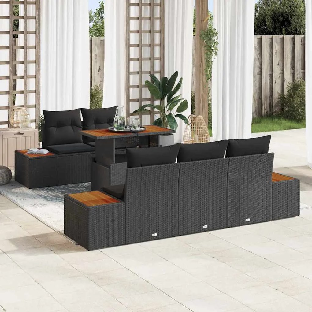 vidaXL Conjunto de Jantar de Jardim de 6 Peças com Almofadas Pretas em Rattan Sintético e Acácia