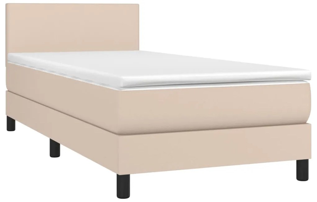 Cama box spring c/ colchão/LED 90x200cm couro artif. cappuccino