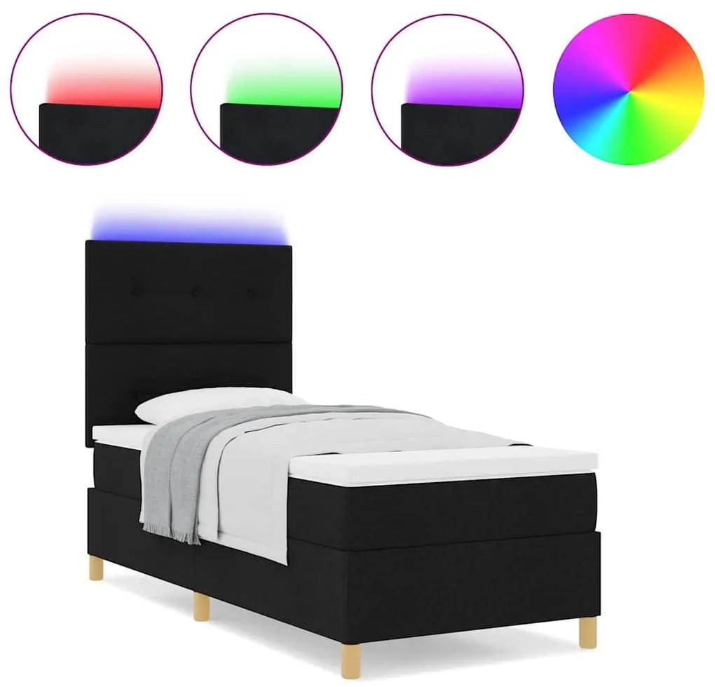 Cama Box com Colchão e LED Preto 100x200 cm Tecido