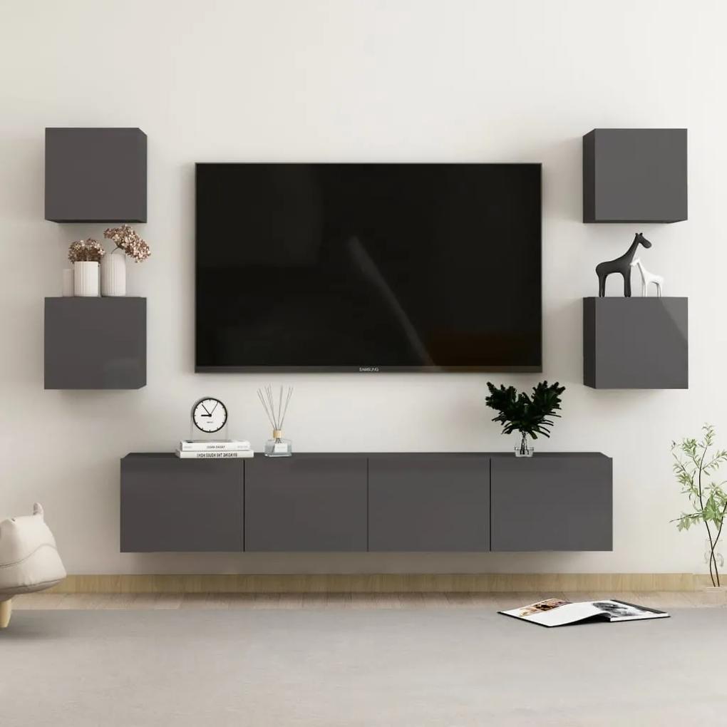 6 pcs conjunto de móveis de TV contraplacado cinzento brilhante