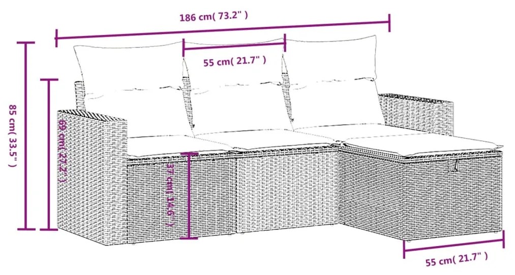 4 pcs conjunto sofás de jardim c/ almofadões vime PE castanho