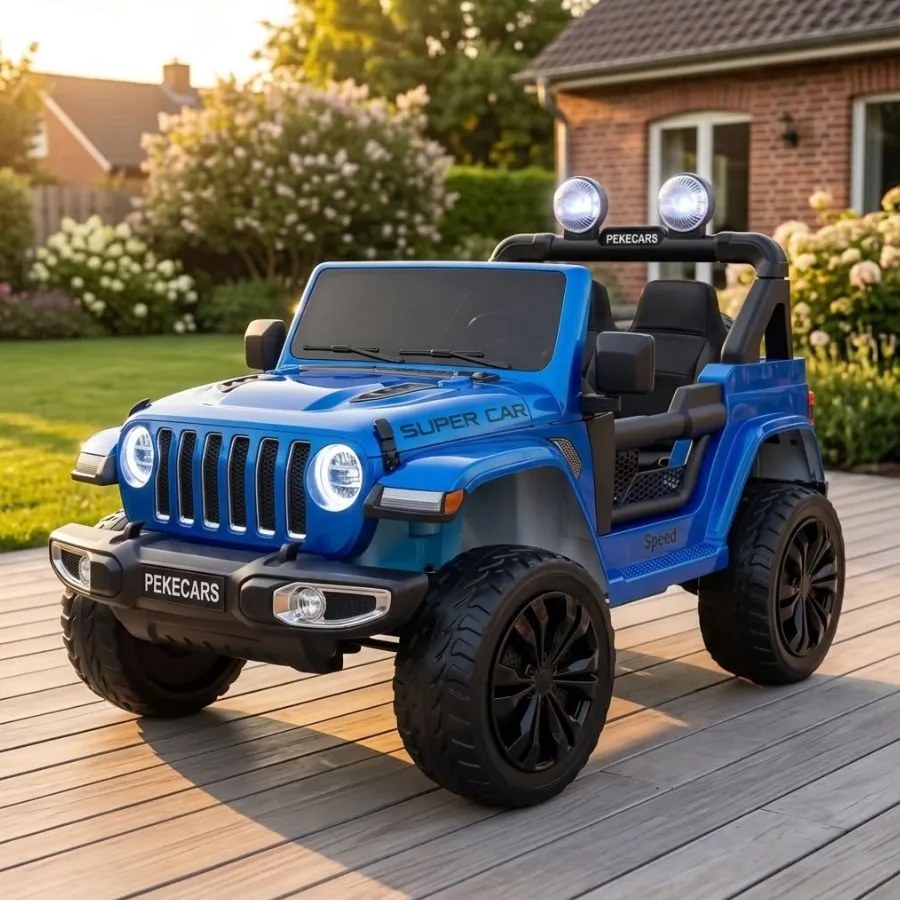 Jeep elétrico 12V 4x4 para crianças 1 a 6 anos Wrangler Rubicon Style rodas Borracha e controlo remoto Azul Metalizado