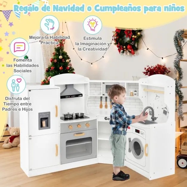 Cozinha de Brincar para crianças a partir dos 3 anos com som, luzes, exaustor, frigorífico, micro-ondas, forno, lava-louças, máquina de lavar e acessó