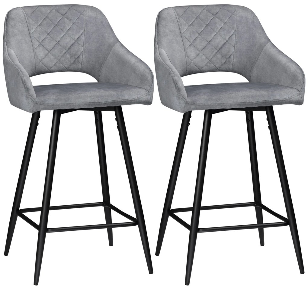 HOMCOM Conjunto de 2 bancos de bar cadeiras altas efeito veludo e aço preto com apoio para os pés e braços altura 67 cm cinzento | Aosom Portugal