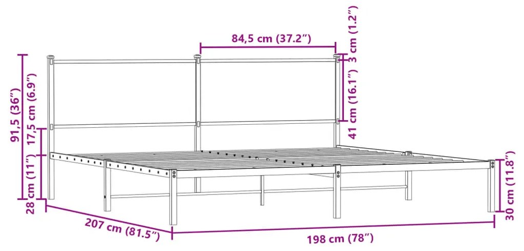 Estrutura de cama sem colchão 193x203cm metal carvalho fumado
