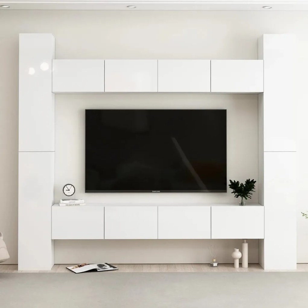 vidaXL 8 pcs conjunto de móveis de TV contraplacado branco brilhante