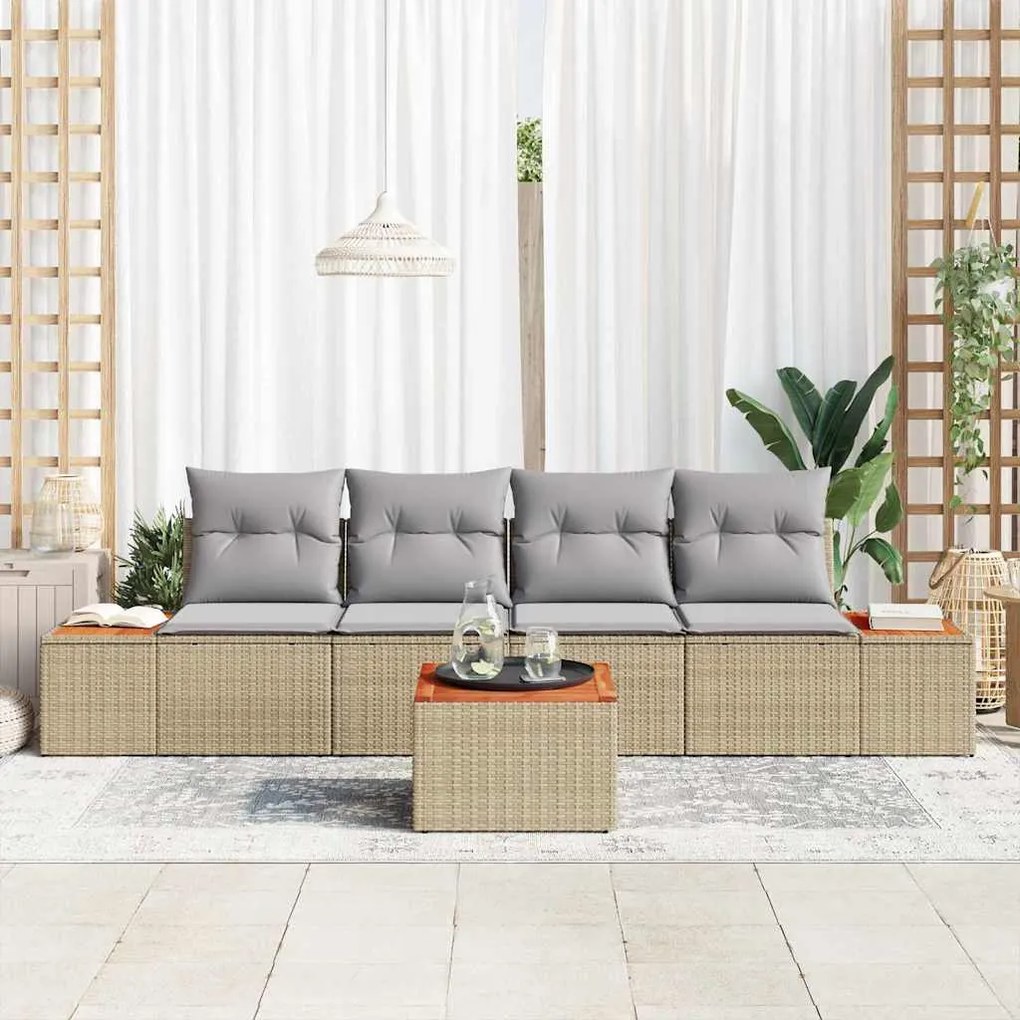 Conjunto de Sofá de Jardim vidaXL 5 Peças com Almofadas Bege Rattan Po