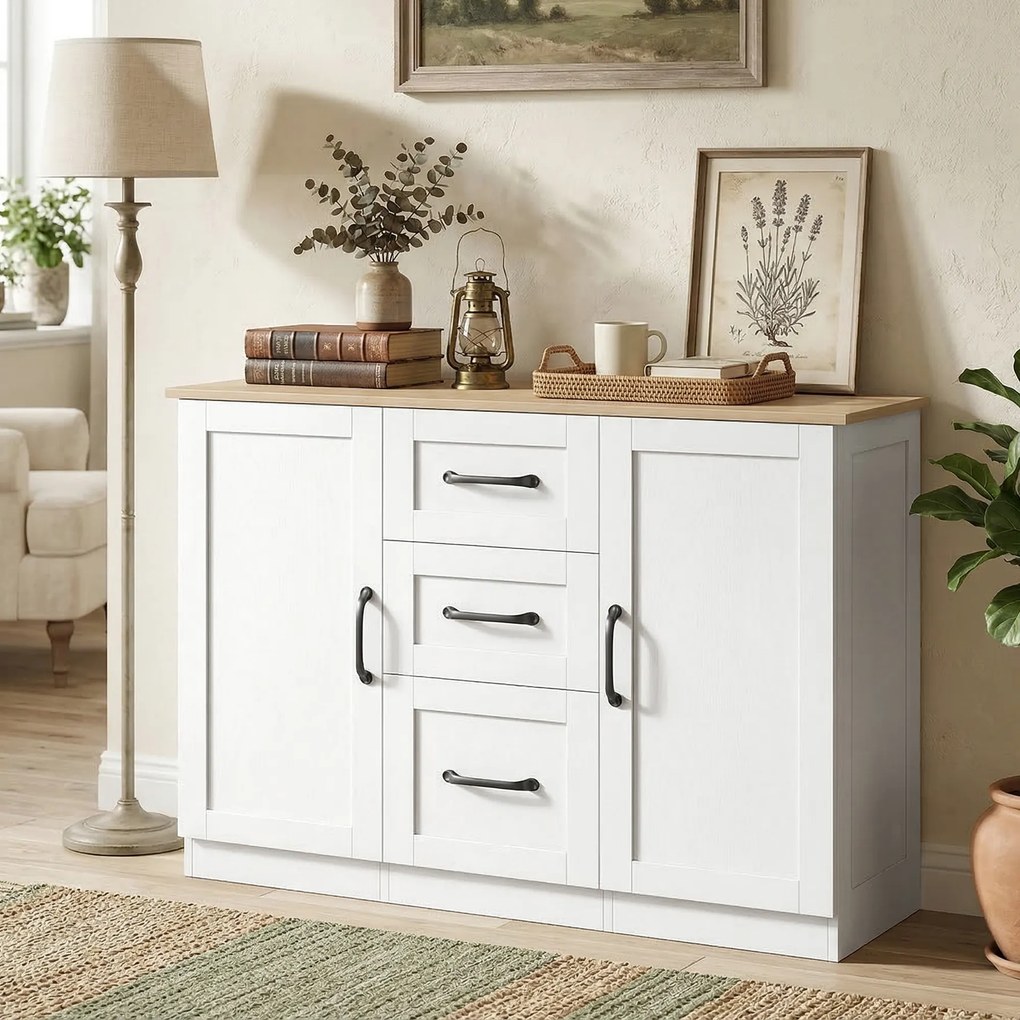 Aparador de sala 110 x 35 x 80,4 cm, móvel de arrumação com 2 portas com fecho suave e 3 gavetas, , branco e madeira natural