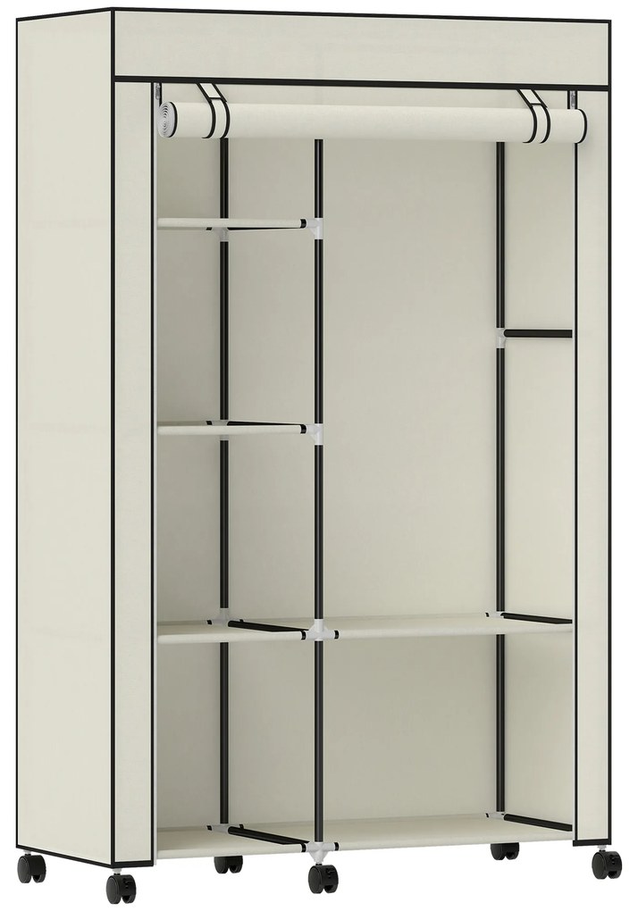 HOMCOM Roupeiro de Tecido Dobrável com 6 Prateleiras 1 Barra de Pendurar e Rodas para Dormitório Vestidor 103x43x162,5 cm Creme | Aosom Portugal