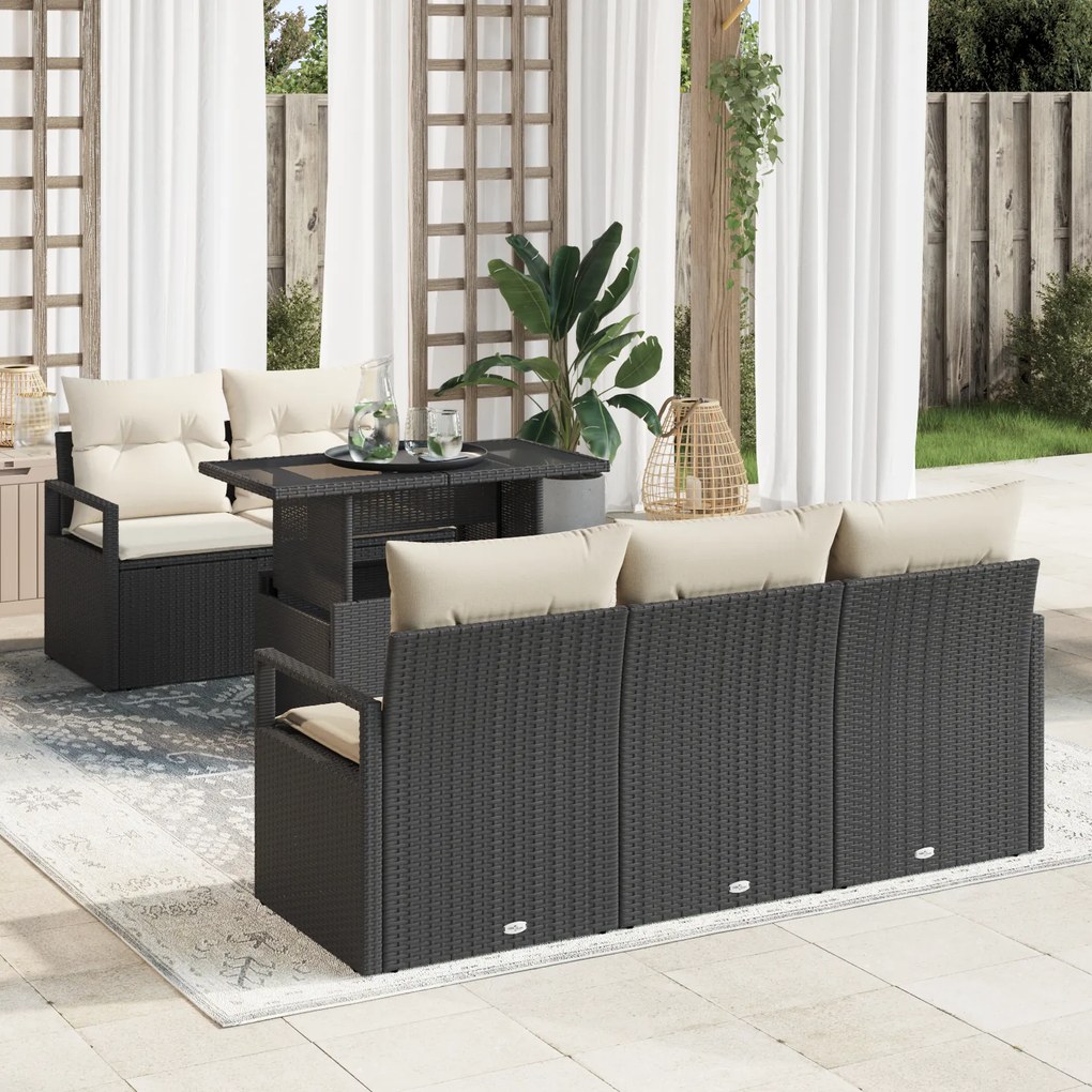 Conjunto de Sofás de Jardim de 6 Peças com Almofadas Preto Rattan Poli