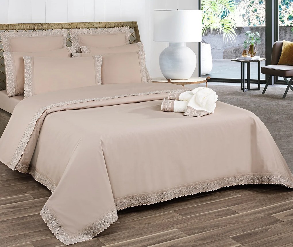 Roupa de cama Bordada - London cor Taupe - Algodão percal 200 fios: 1 lençol capa ajustable 180x200+30 cm + 1 lençol superior 260x290 cm + (2) Fronhas 50x70 cm