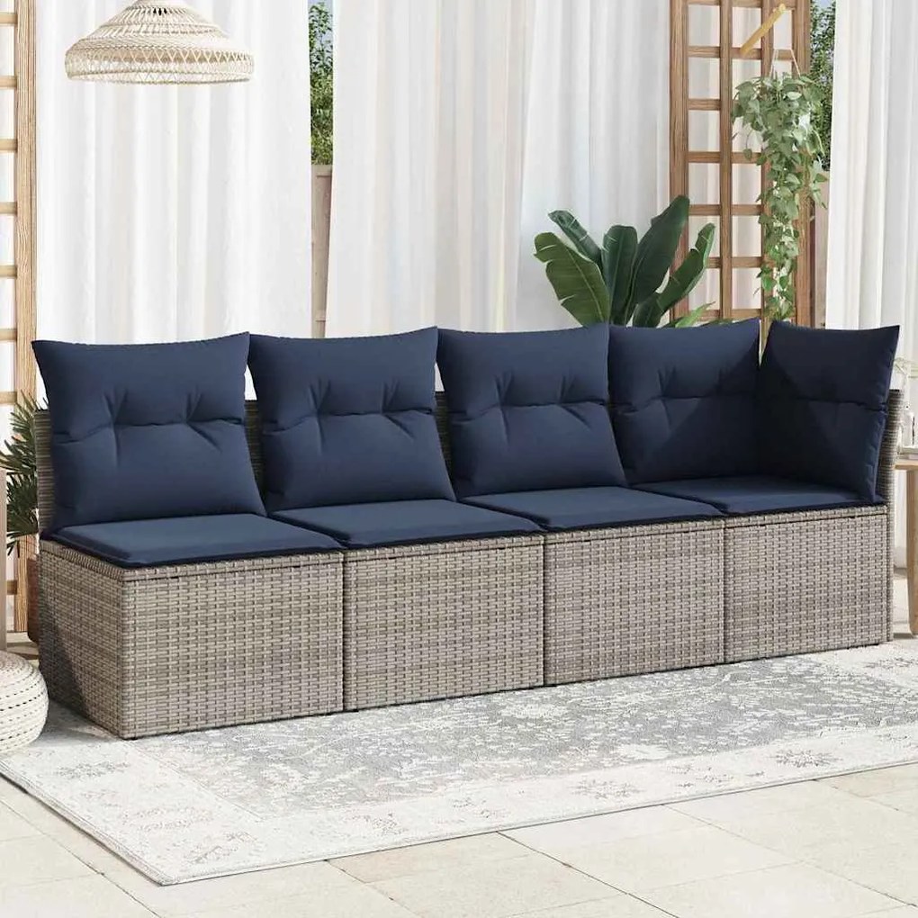 vidaXL Sofá de jardim 4 lugares com almofadões vime PE cinzento