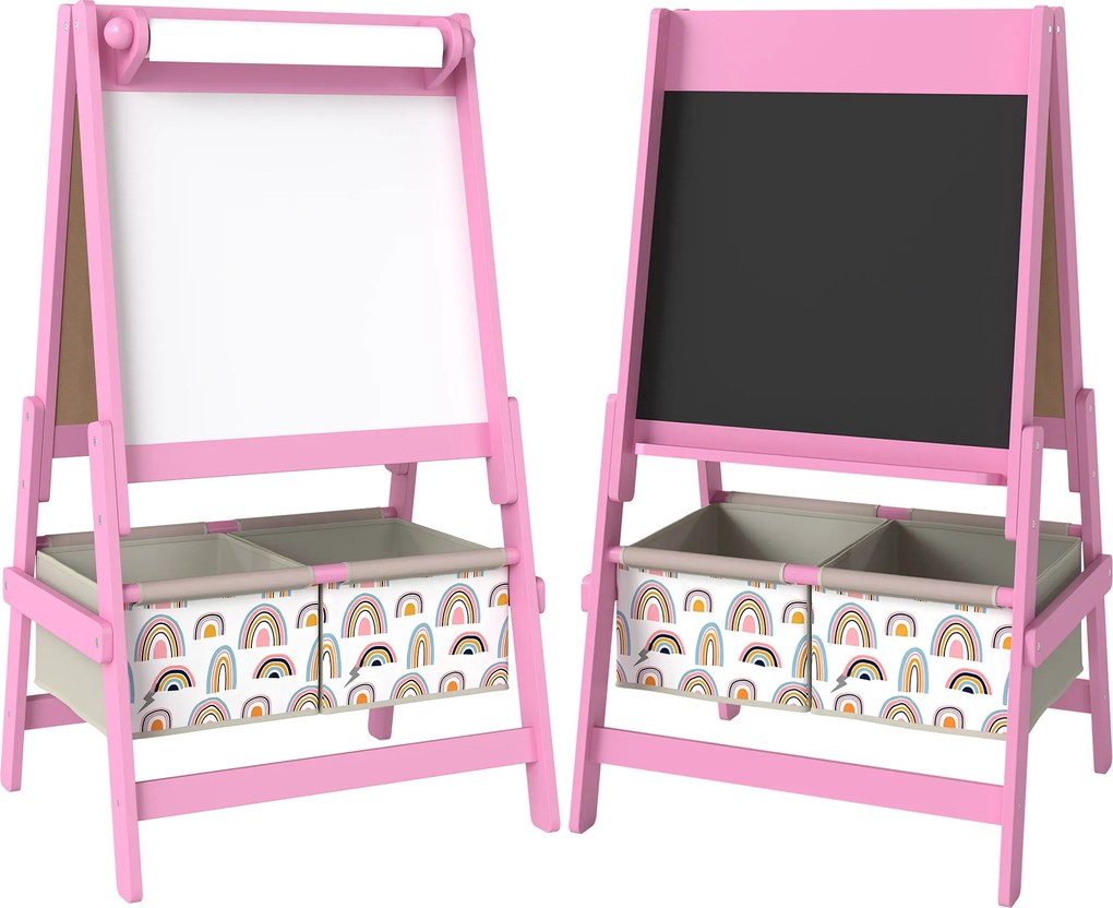 AIYAPLAY Cavalete Infantil 3 em 1 com Quadro de Giz, Quadro Branco, Rolo de Papel e Arrumação, Rosa, 3-8 Anos | Aosom Portugal