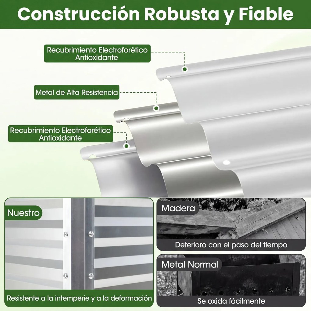 Floreira Elevada de Metal 112 x 55 x 81 cm com Revestimento Eletroforético e Drenagem para Legumes, Flores e Frutas - Prateada