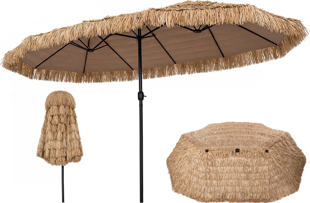 Guarda-sol Duplo para Jardim, 450 x 270 x 252 cm, Cobertura de Palha de PE, Castanho