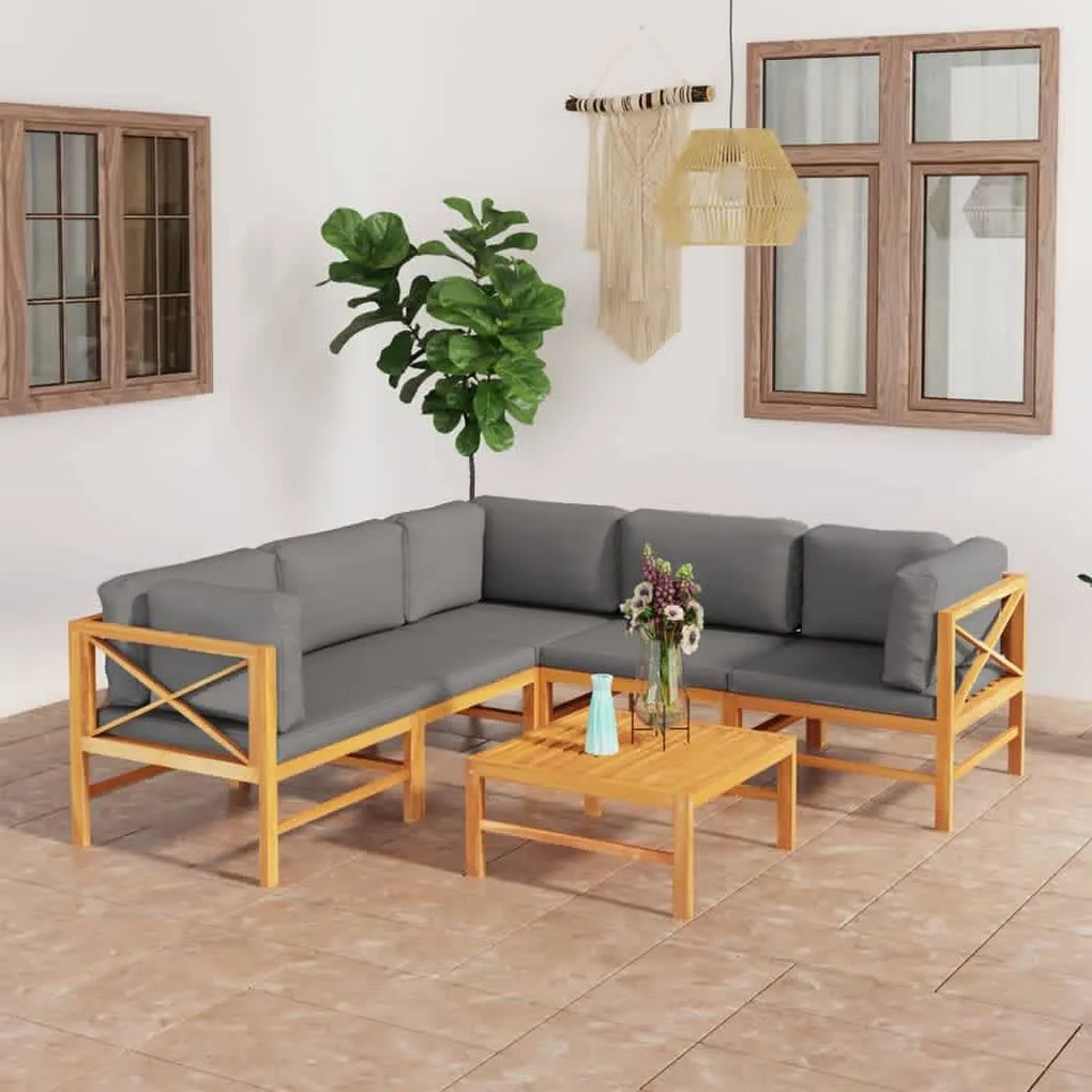 vidaXL 6 pcs conj. lounge de jardim + almofadões cinzentos teca maciça
