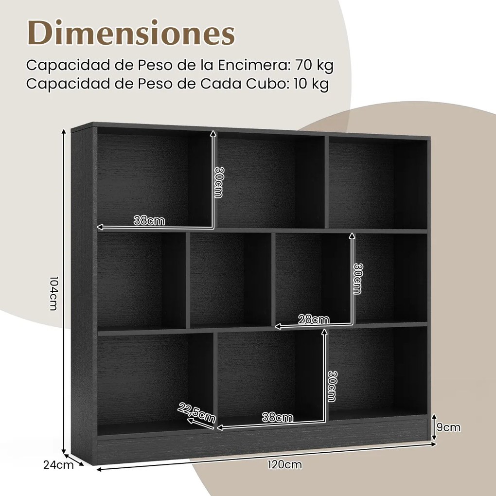 Estante com 120 x 24 x 104 cm 10 cubos de armazenamento com 3 níveis Estante de exposição de 120 cm para sala de estar/quarto Preto