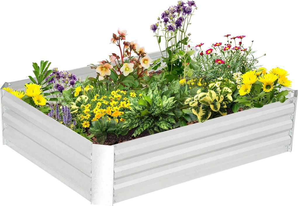 Floreira de jardim elevado quadrado para horta em aço galvanizado com proteção contra ervas daninhas, 120 x 90 x 30 cm, prateado