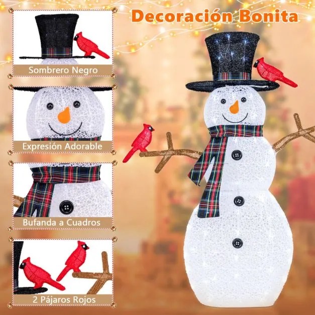 Boneco de neve iluminado e pássaros vermelhos Decoração de Natal 127 cm Boneco de neve Ornamento de boneco de neve com luzes LED brancas frias