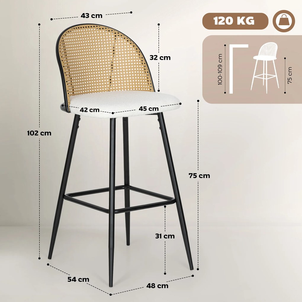 Conjunto de 2 Bancos de Bar Altos de Cozinha (MESA NÃO INCLUIDA) com Encosto de Vime Assento Estofado em Borrego 48x54x102 cm Creme
