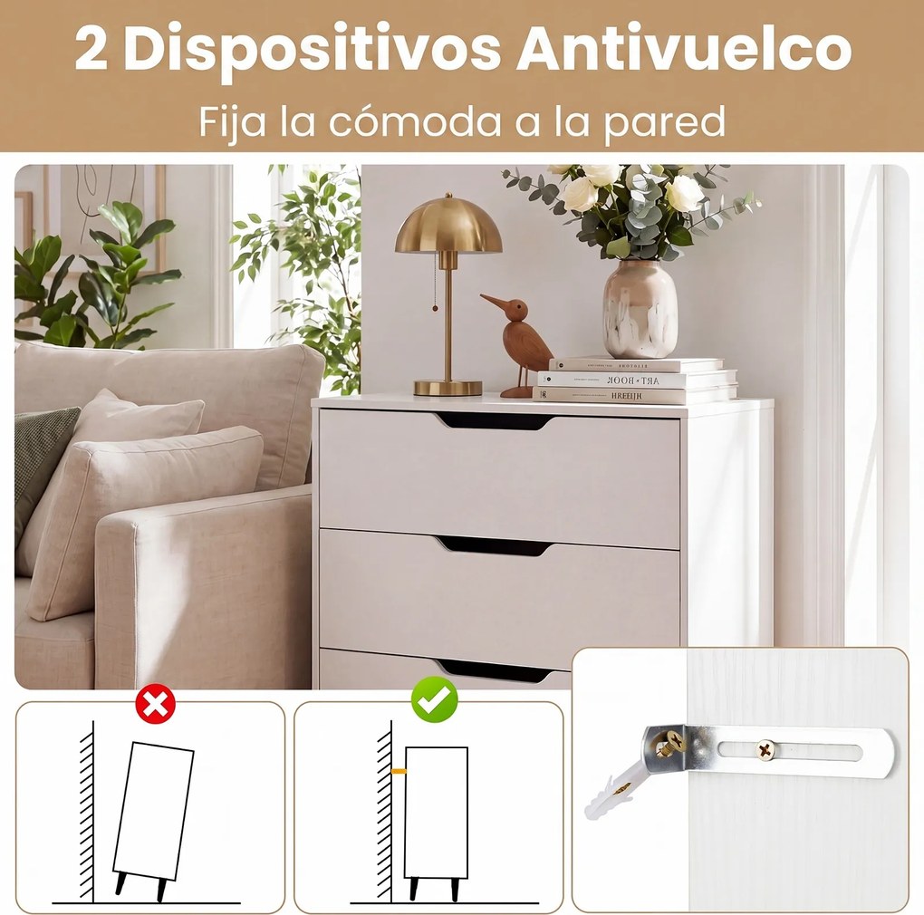 Cómoda de 3 Gavetas, 69,5 x 40 x 79 cm, Pernas Metálicas, Natural+Branco