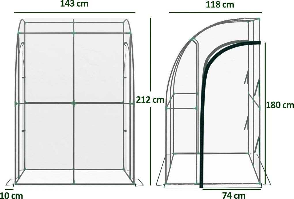Estufa de jardim encostada, com 2 portas enroláveis com fecho de correr, em aço e PVC transparente