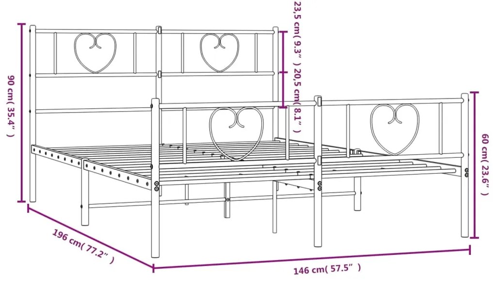 Estrutura de cama com cabeceira e pés 140x190 cm metal preto