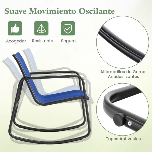 Conjunto de 3 peças baloiço para jardim, 2 cadeiras de bistrô e mesa baixa de vidro com tecido de malha respirável e faixa antiderrapante Azul