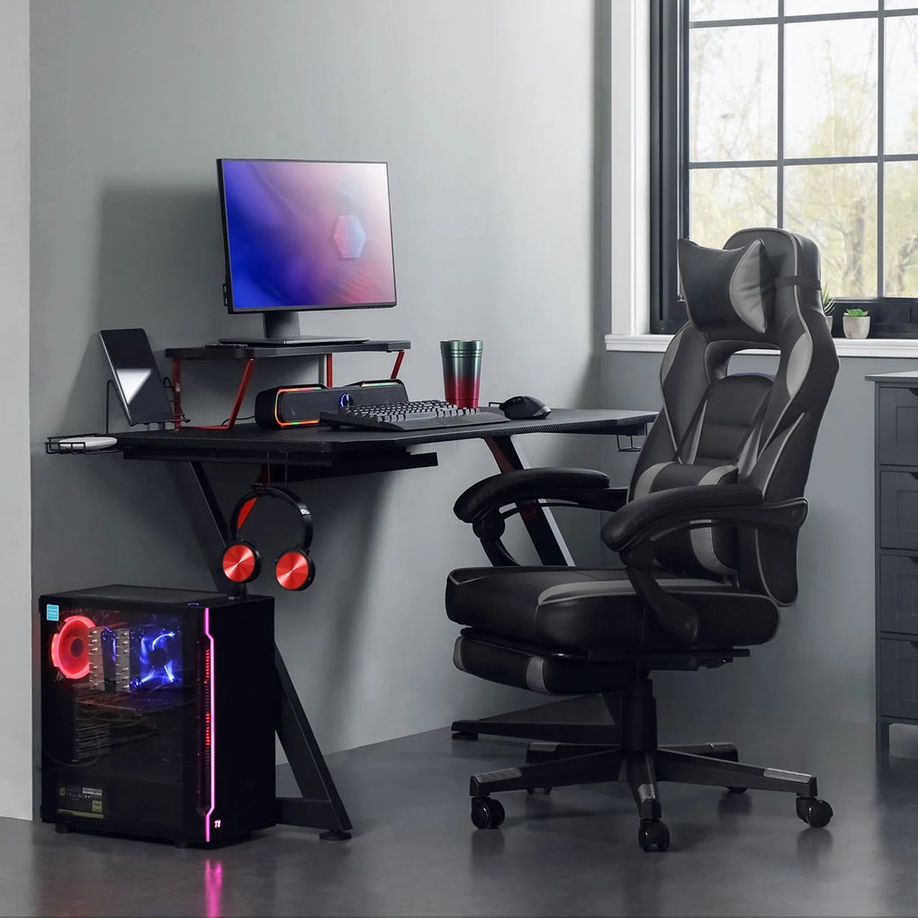Cadeira Gaming com encosto reclinável e almofada para o apoio de cabeça Preto + cinzento