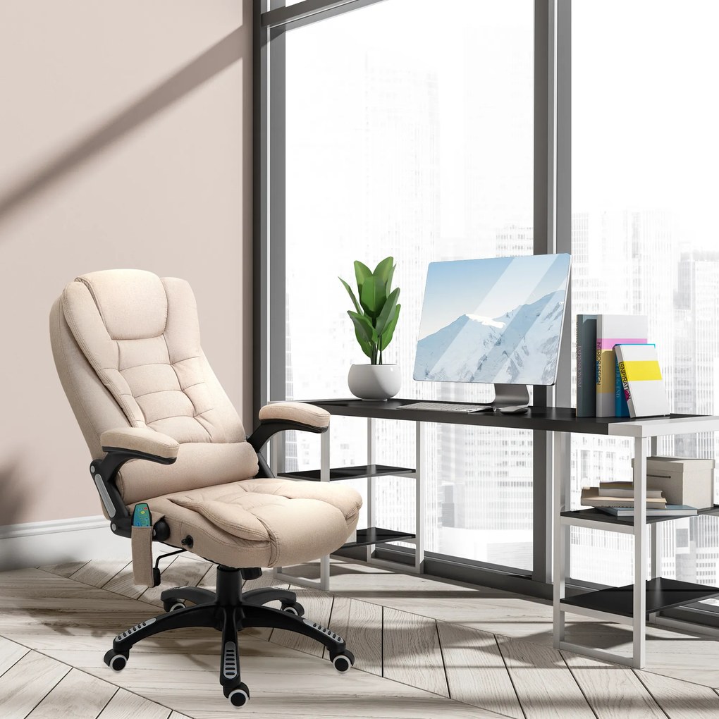 Cadeira de Escritório com 6 Pontos de Massagem Reclinável até 130° com Função de Aquecimento 68x72x110-120 cm Castanho Claro