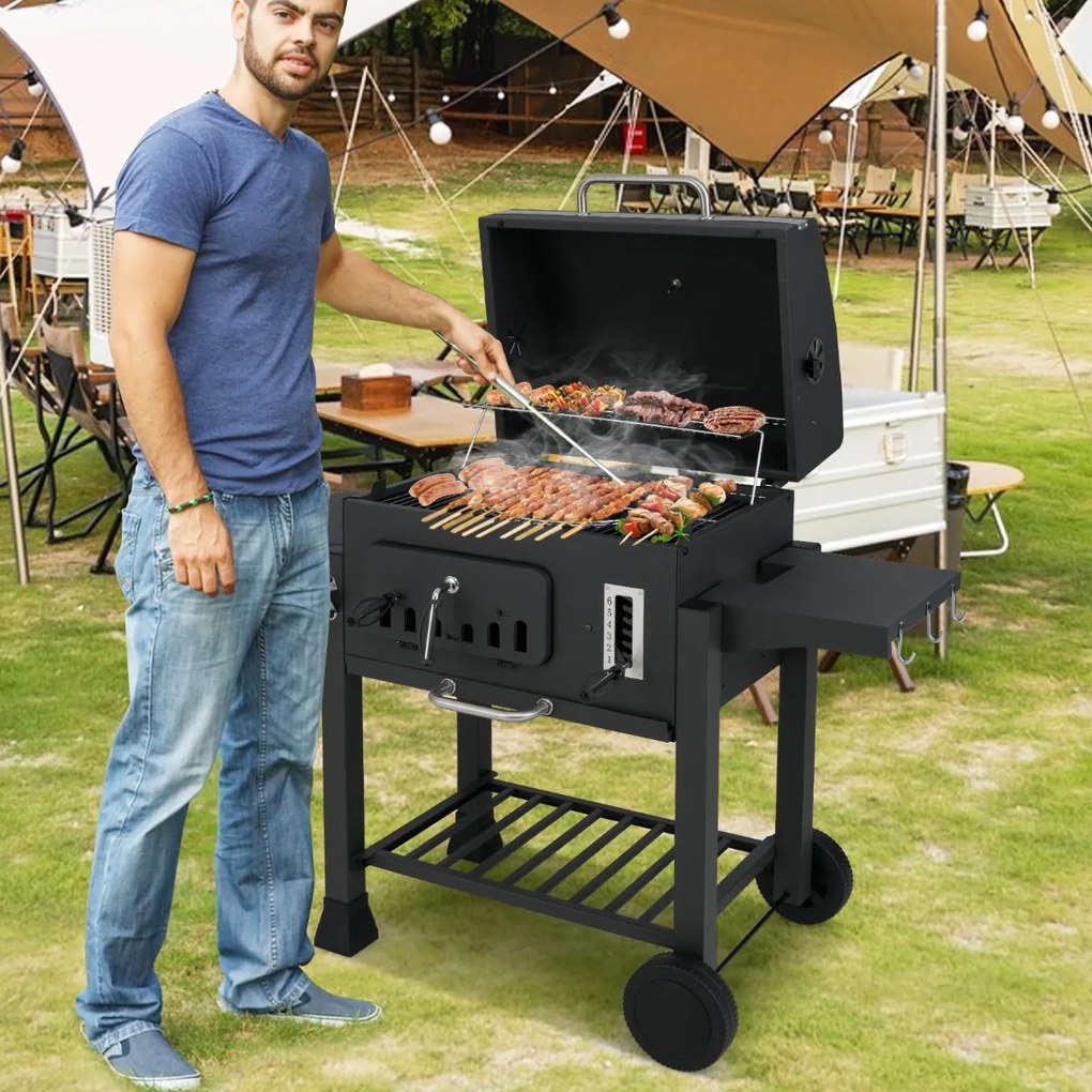 Churrasqueira XXL portátil com tampa e 2 mesas laterais dobráveis, 3 ganchos 2 rodas e abridor de garrafas 132 x 57 x 106 cm preto