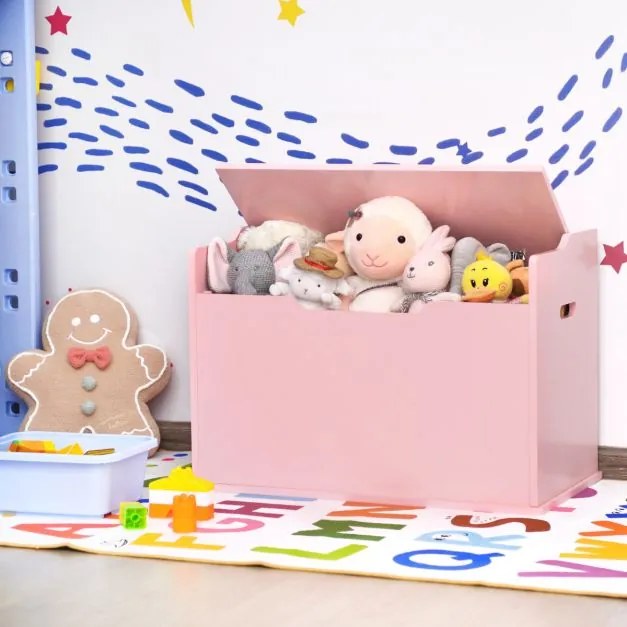 Baú de brinquedos 2 em 1, 74 x 39 x 52 cm com tampa Tampa elevável Utilização dupla como banco grande de madeira cor-de-rosa