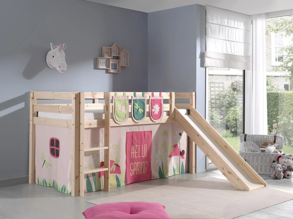 Conjunto Cama alta de Criança PINO 90 x 200 cm + estrado + escada + escorrega + cortina+ bolsas de arrumação Primavera Natural