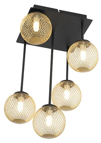 Candeeiro de teto moderno preto com dourado 5 luzes - Athens Wire