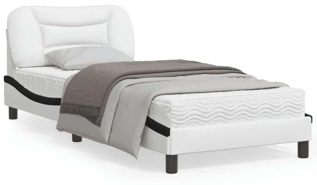 vidaXL Estrutura cama c/ luzes LED 90x190 cm couro artif. branco/preto