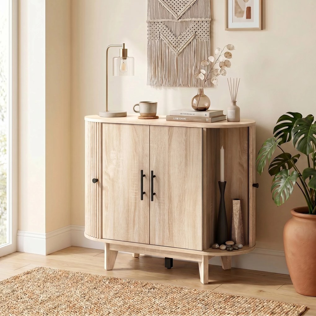 Aparador de sala, móvel de arrumação oval com 4 portas e prateleira ajustável, 90 x 40 x 76 cm, carvalho