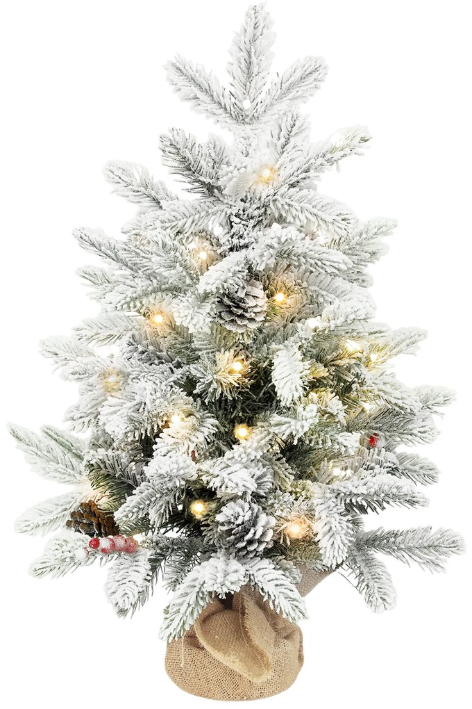 Mini Árvore de Natal Artificial com 35 Luzes LED 182 Ramos com Neve Pinhas Bagas e Base de Saco de Juta Ø48x60 cm Verde