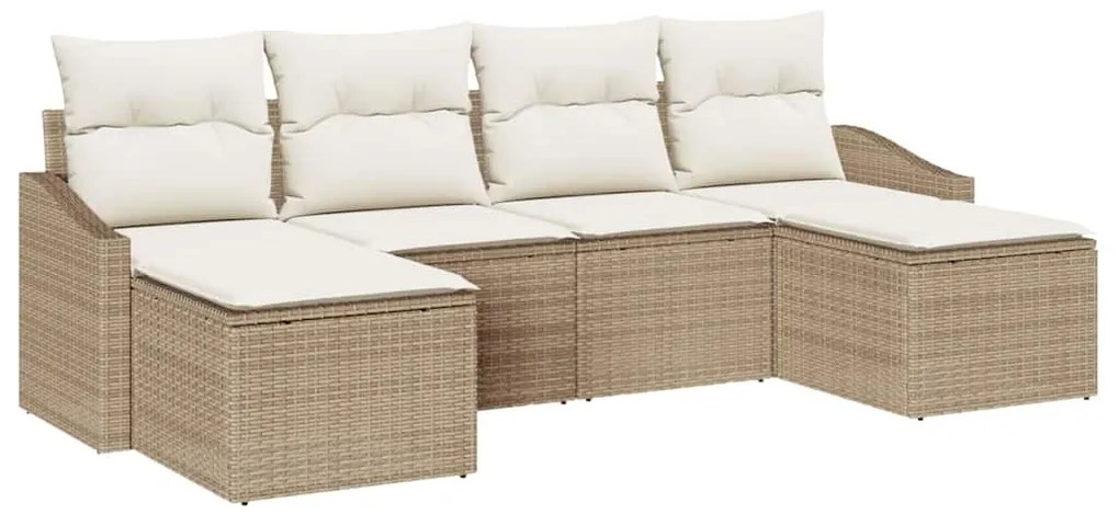Conjunto de sofá de jardim de 6 peças com almofadas bege em rattan.
