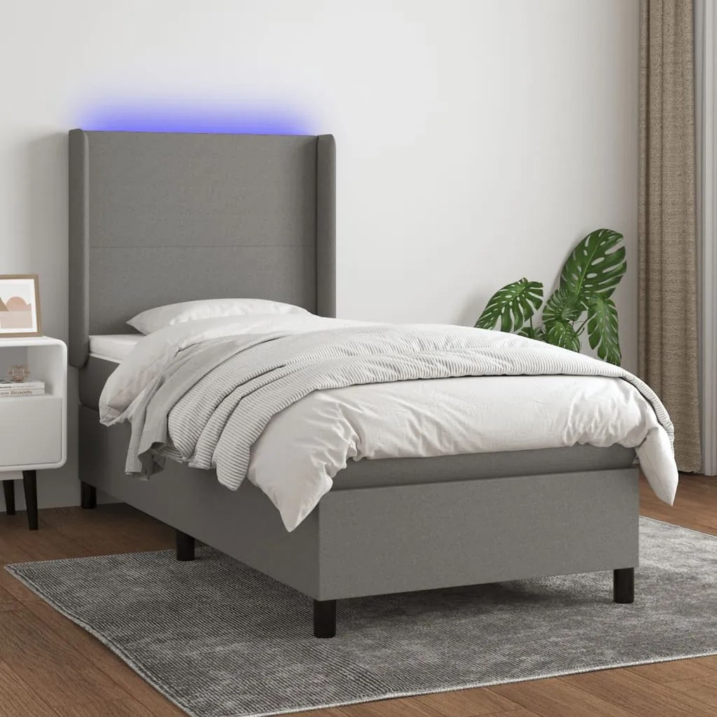 Cama box spring c/ colchão e LED 90x200 cm tecido cinza-escuro