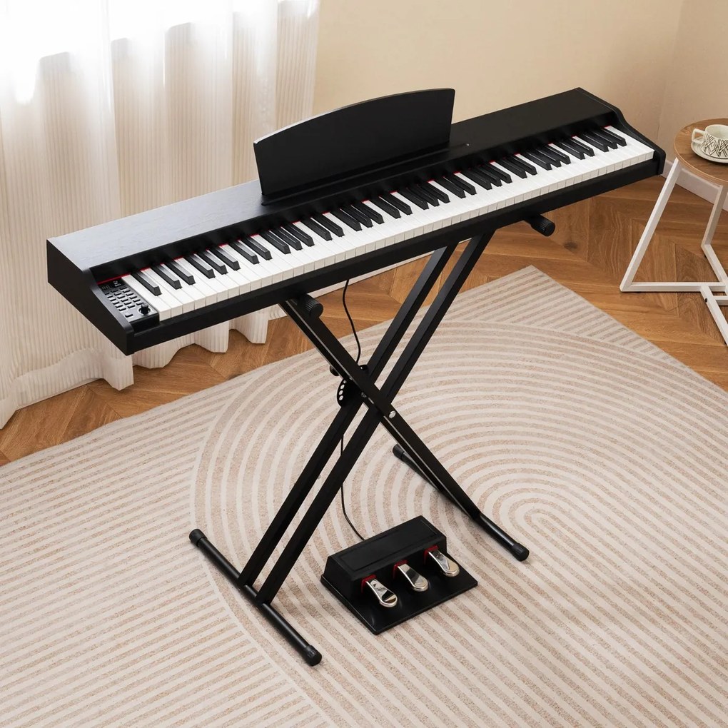 Piano digital de 88 teclas tamanho real com teclas semi-contrapesadas, altifalantes duplos, modo de teclado duplo e 3 pedais, suporte ajustável para p