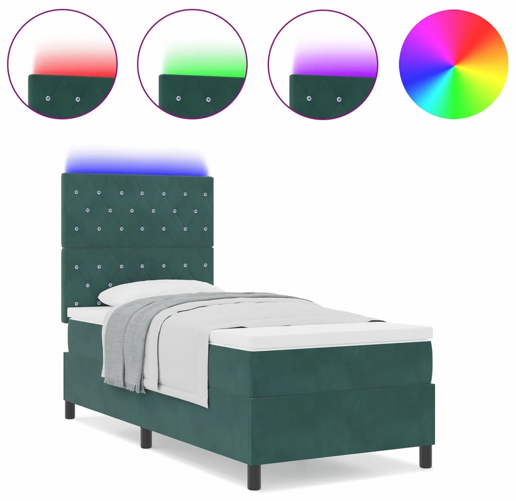 Cama Box com Colchão & LED verde escuro 90x190 cm Veludo
