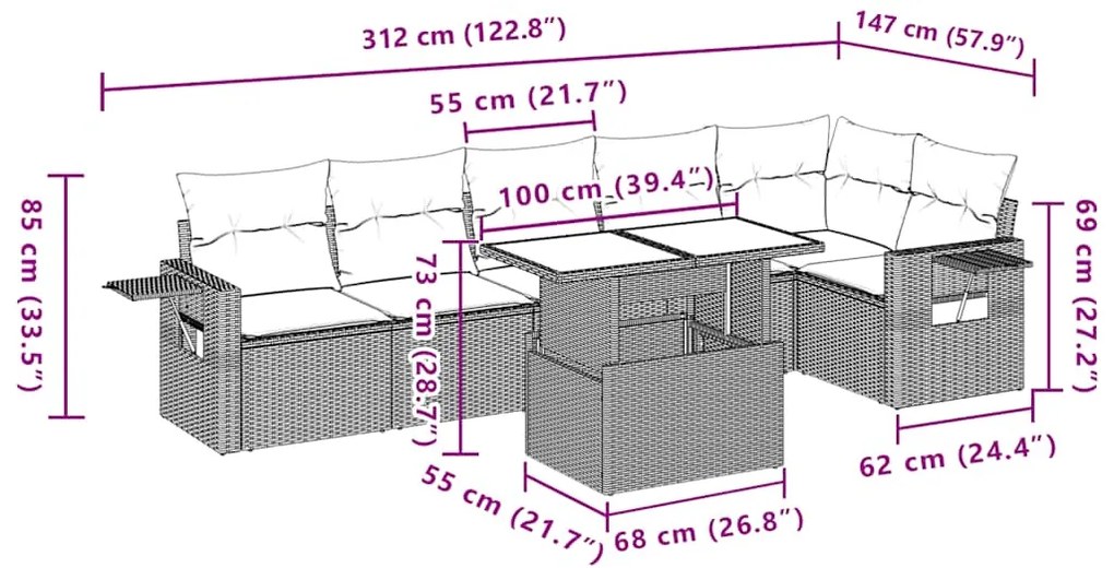 7 pcs conjunto de sofás p/ jardim c/ almofadões vime PE preto