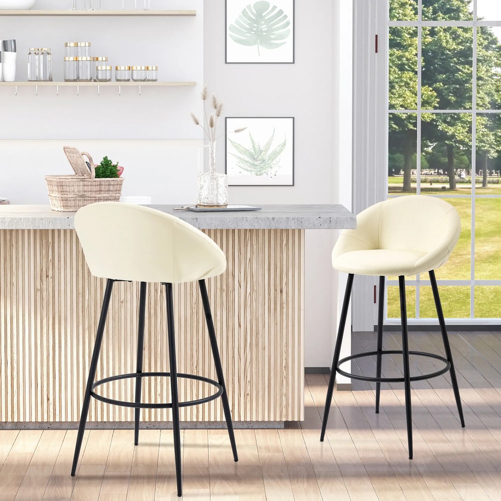 HOMCOM Conjunto de 2 Bancos Altos de Cozinha Estofados em PU Bancos de Bar com Base Antiderrapante e Apoio para os Pés Estilo Moderno Carga Máxima 120kg 54x48,5x96cm Creme